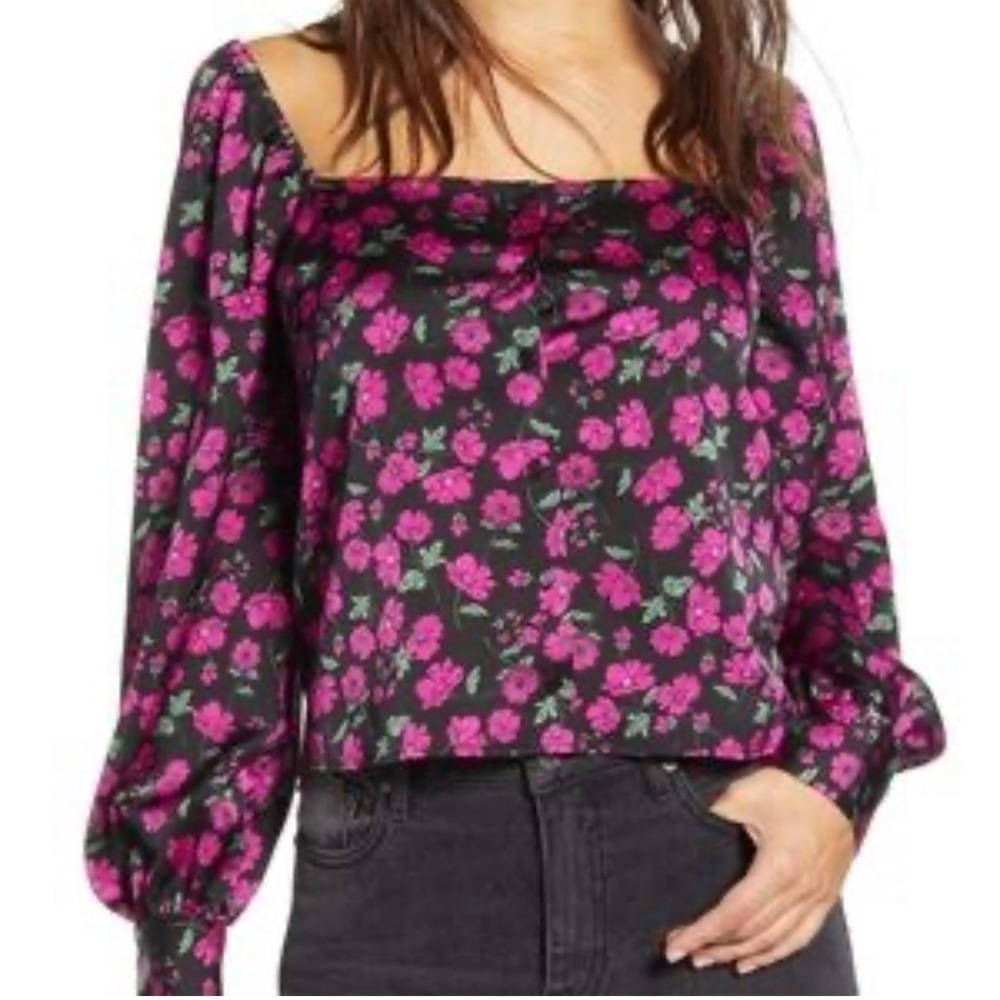 Anthropologie Leith Boho Crop Peasant Red Floral Blouse Bishop Sleeve Size Large